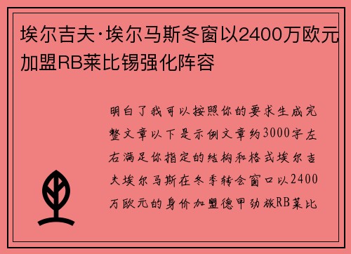 埃尔吉夫·埃尔马斯冬窗以2400万欧元加盟RB莱比锡强化阵容