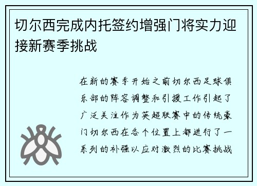 切尔西完成内托签约增强门将实力迎接新赛季挑战